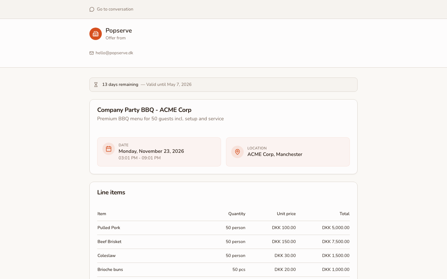Offer page as the customer sees it with menu, price and accept button